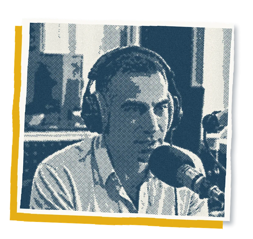Mikael Mourey being interviewed in a studio