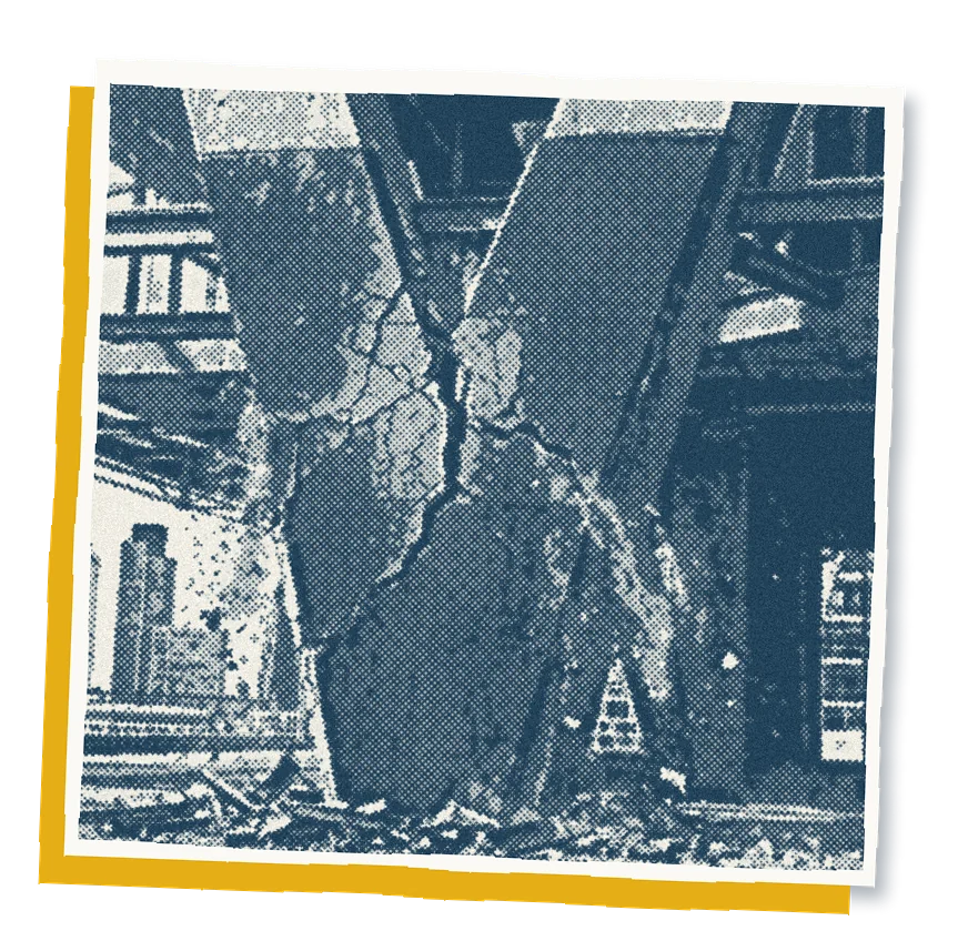 Cracked concrete pillar on the verge of giving way